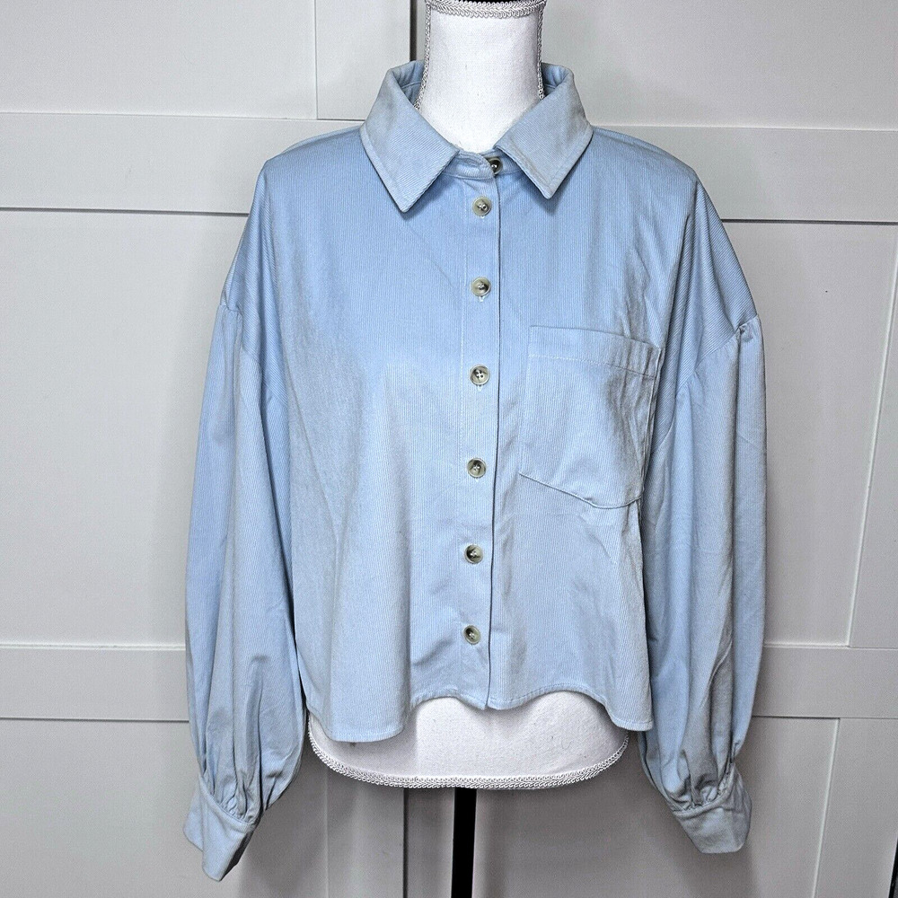THML Anthropologie‎ Shirt Womens sz M Blue Mini Vale Corduroy Button Up Balloon